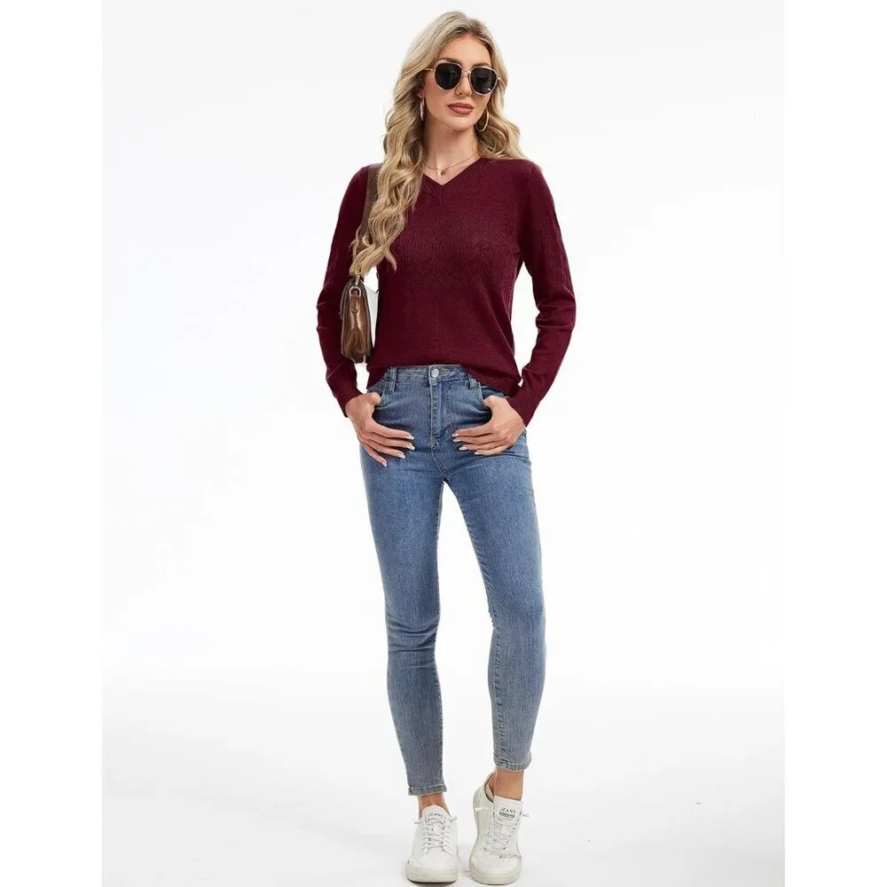 Women's Wine Red Wool Long Sleeve Crochet Pullover V Neck Lightweight Sweater - Picture 7 of 7